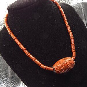 *RARE* VINTAGE CARVED DEEP RUST CORAL STERLING SILVER BEAD NECKLACE 54